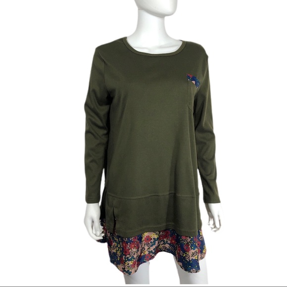 Tops - Olive Green Floral Trimmed Jersey Knit Legging Tunic